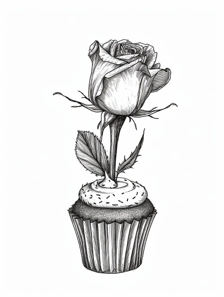 English Rose Cupcake Line Drawing 4