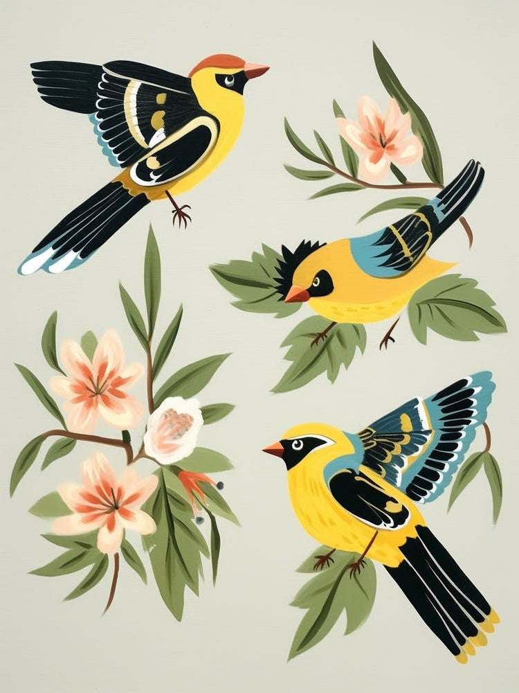Folk Style Bird Painting American Goldfinch 1