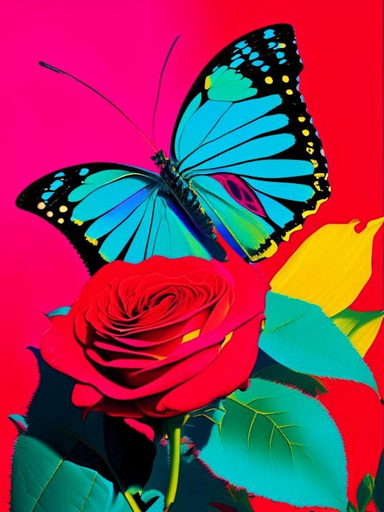 Papillon Sur Rose Fleur Inspiré Par Andy Warhol 1