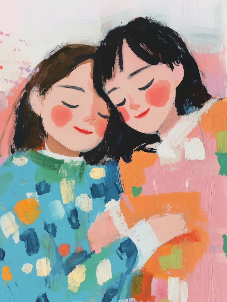Two Girls Hugging Gouache Painting