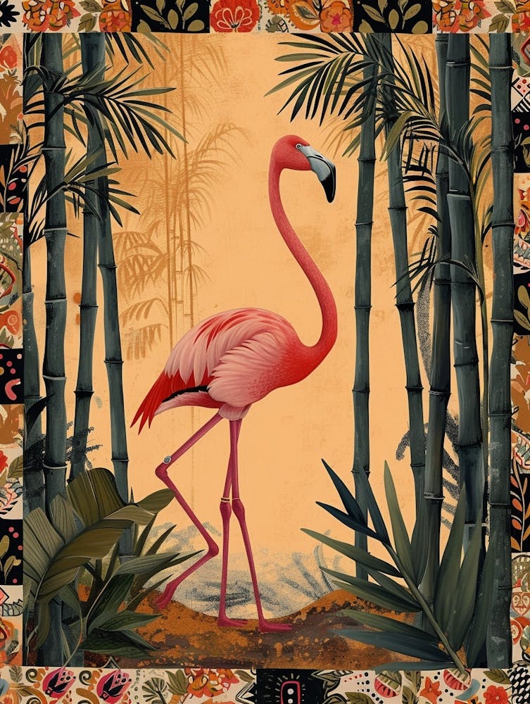 Greater Flamingo And Bamboo Boho Print 1