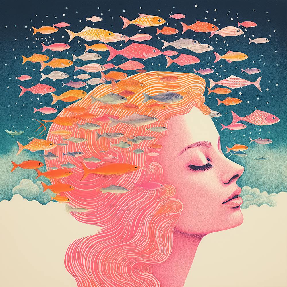 Surreal Woman & Fish Dreamy Portrait