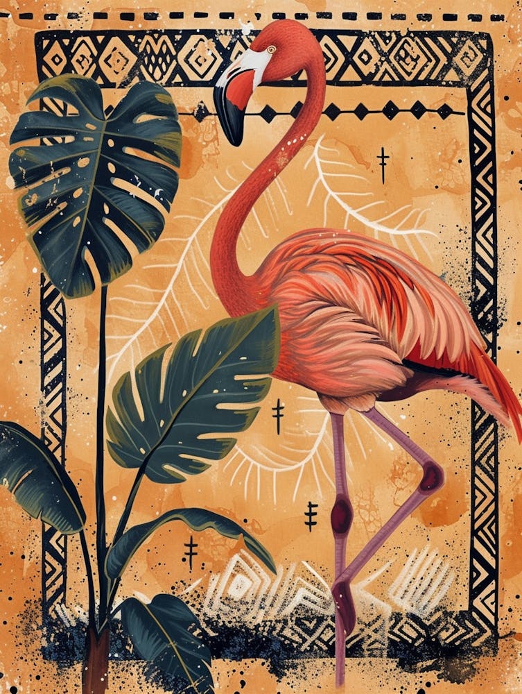 Greater Flamingo And Monstera Deliciosa Boho Print 4