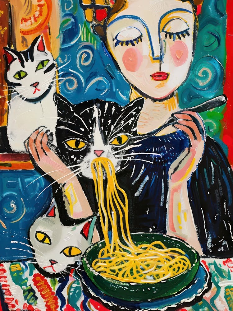 Woman Feeding Cats With Noodles