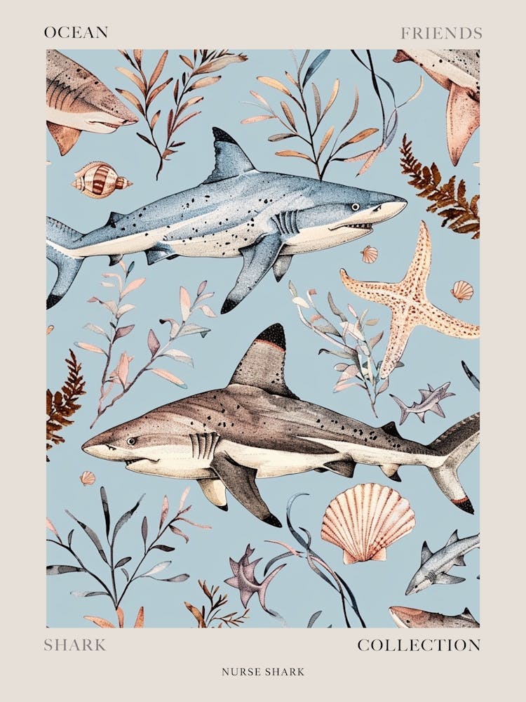 Pastel Blue Nurse Shark Watercolour Seascape Pattern 3 Poster
