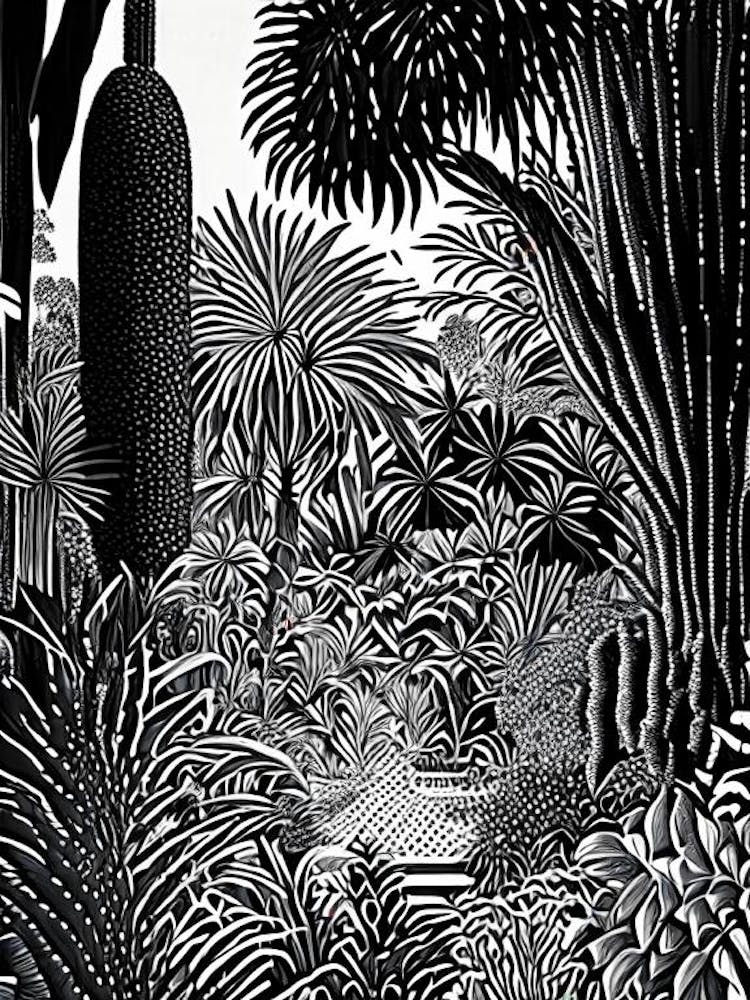 Jardin Majorelle, 1, Morocco Linocut Black And White Vintage