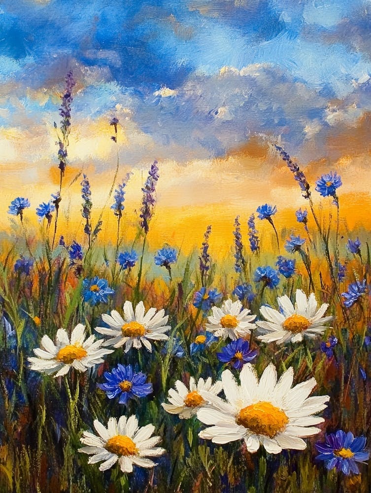 White Daisies Flowers Blue Cornflowers Paintings Monet Painting Claude Impressionism Paint Landscape Flower Meadow Oil