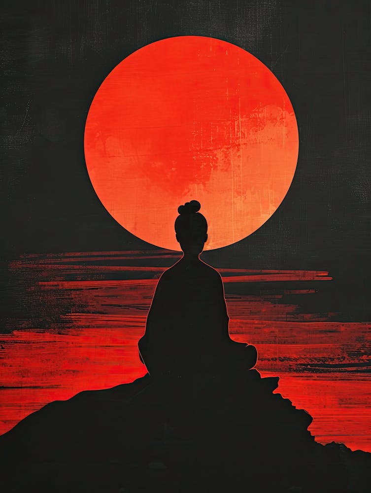 Asiatische Frau In Meditation, Roter Mond
