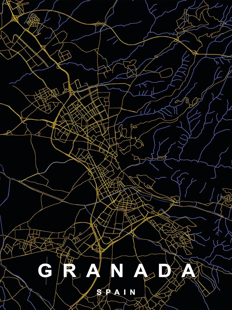 Granada Spain City Map Black and Gold