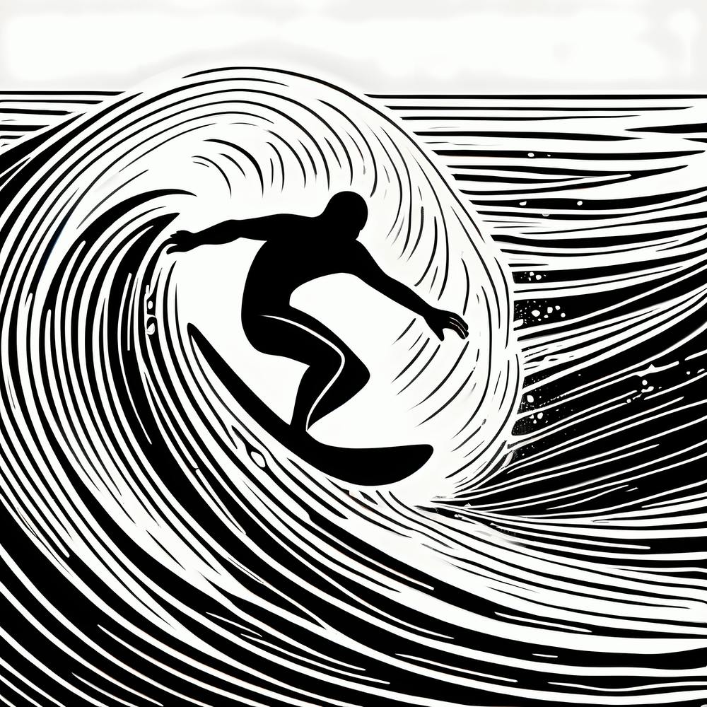Linocut Black And White Surfer On A Wave art, surfing art, 262
