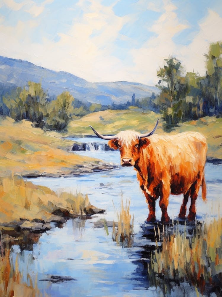 Impressionism Style Painting Of A Highland Cattle In The River 4