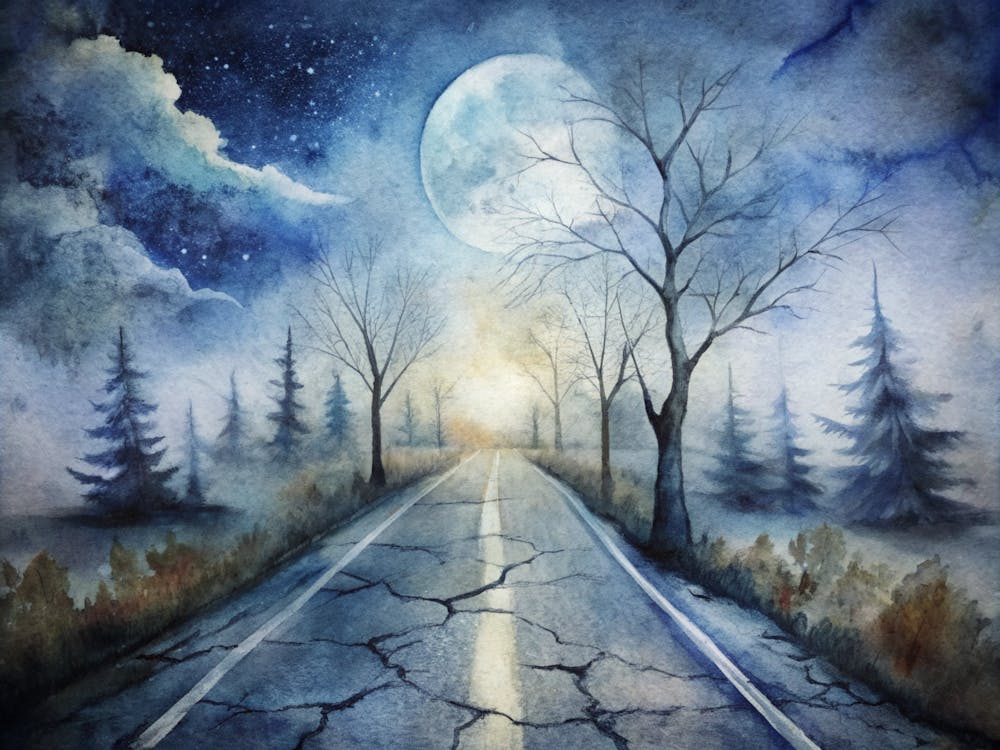 Eine Gerissene Straße Unter Einem Vollmond Umgeben Von L (1)