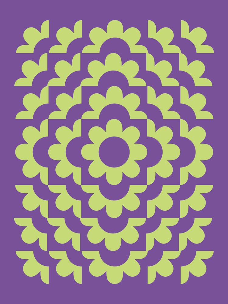 Midcentury Modern Abstract Geometric Flower Pattern Floral in Purple Forest Sage Green