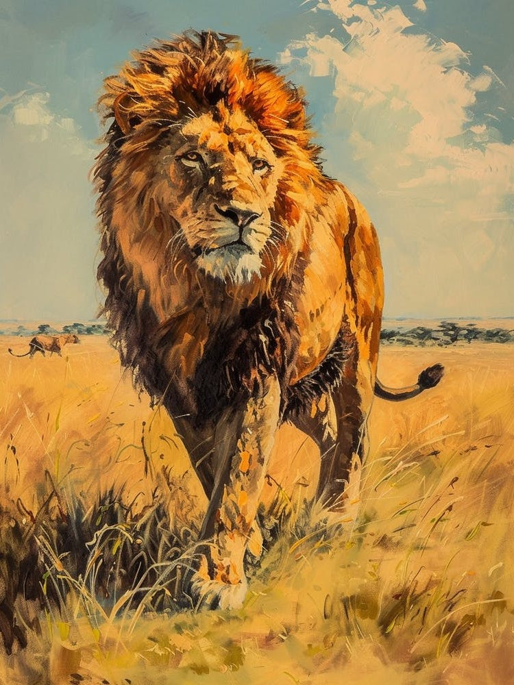 African Lion Hunting Acrylic Painting 2