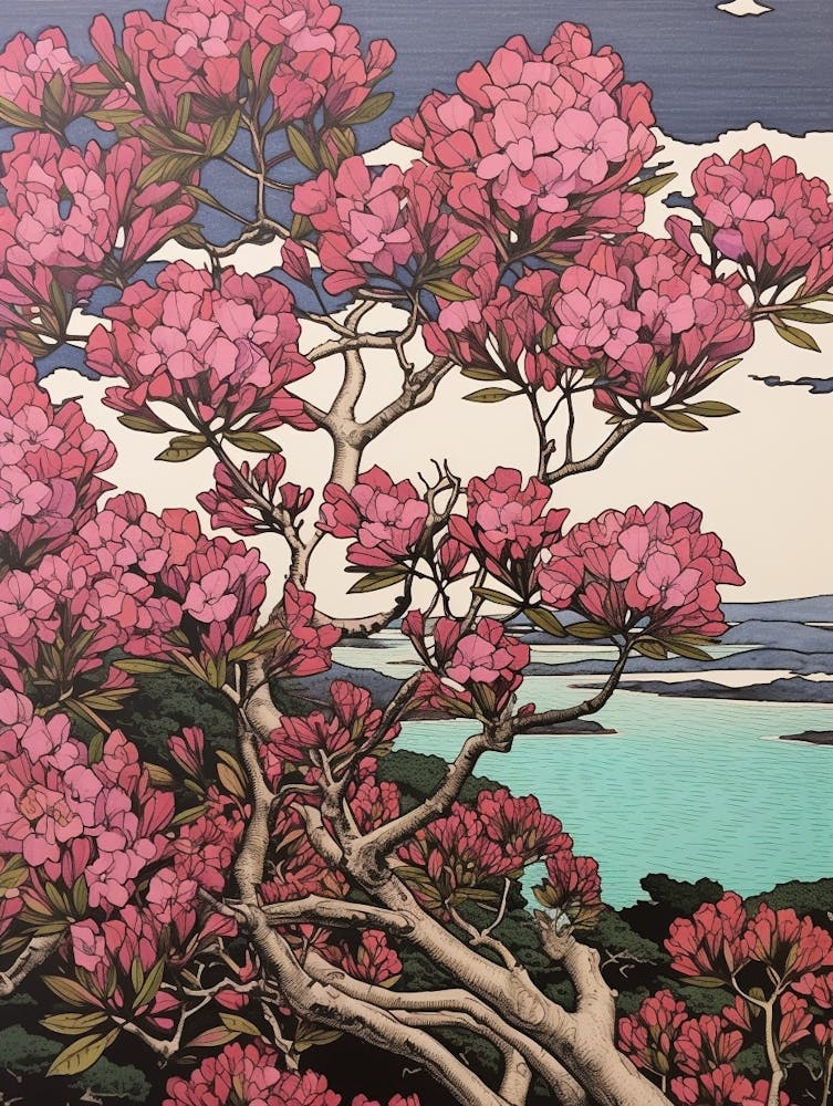 Hanakotoba Crape Myrtle 1 Vintage Botanical Woodblock