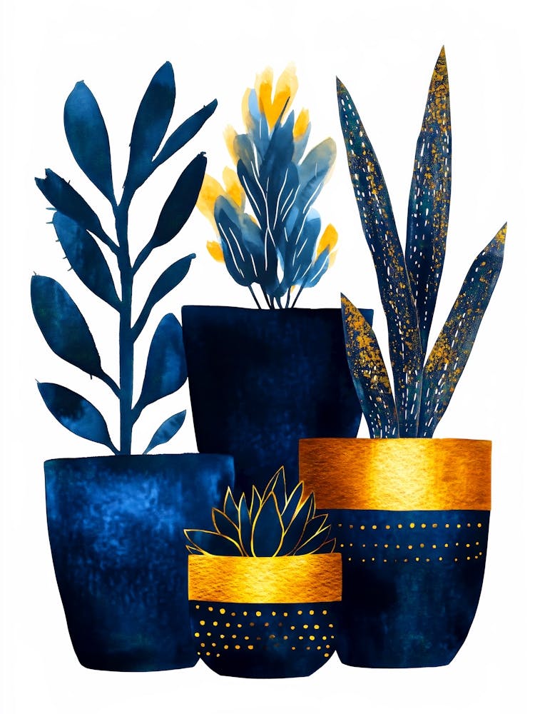 Blue And Gold Potted Plants