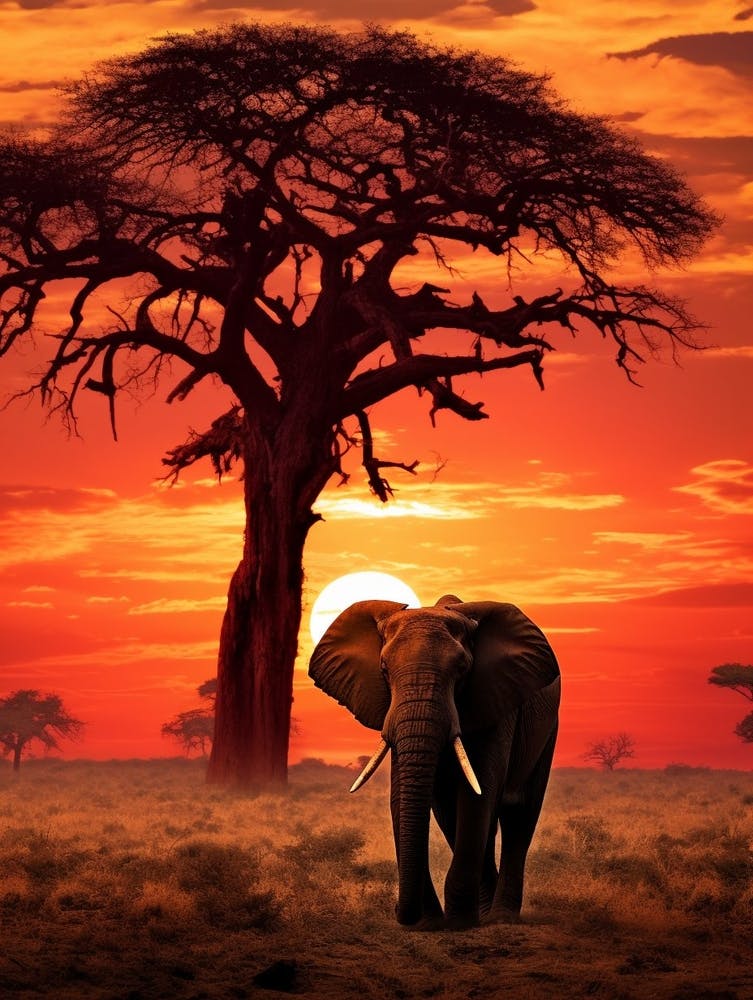 African Elephant Sunset Painting 1