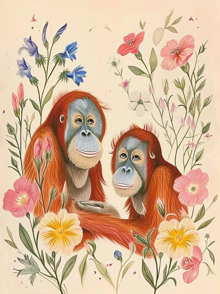 Folksy Floral Animal Drawing Orangutan 3
