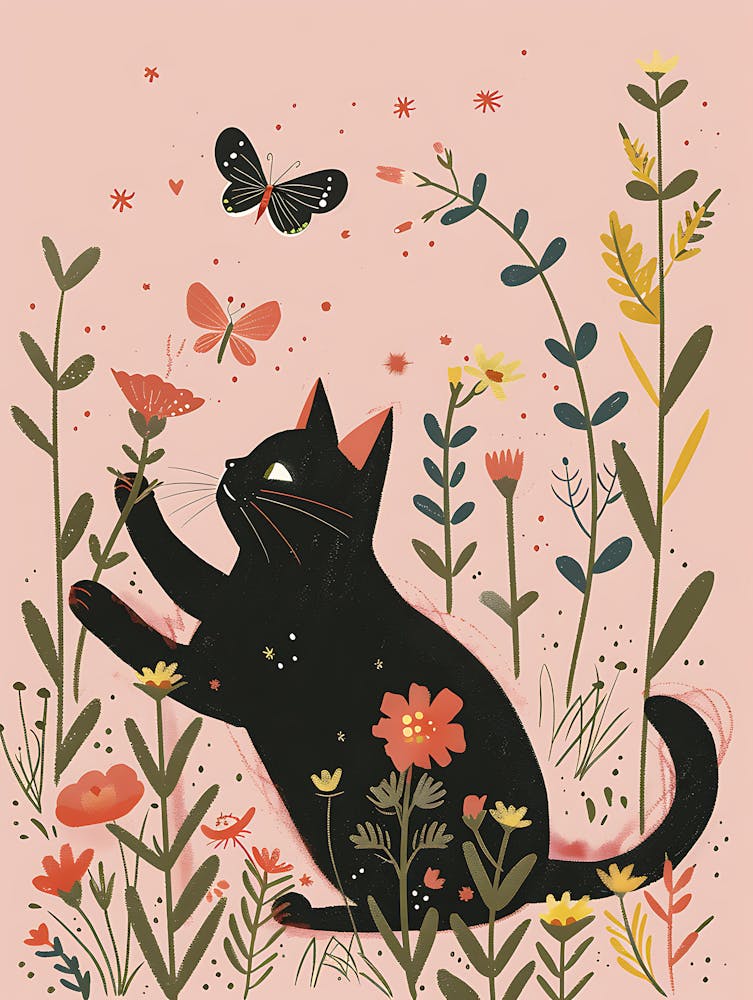 Black Cat With Flowers