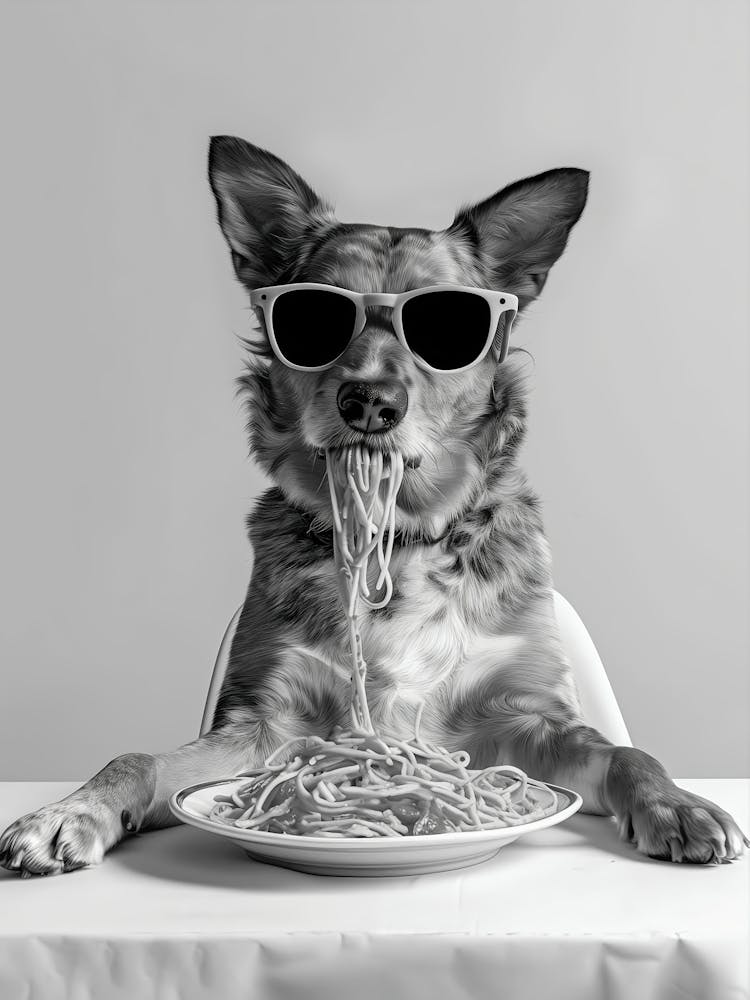 Australischer Cattle Dog isst Pasta Wandkunst, Spaghetti-Druck, Schwarz-Weiß-Druck, Heeler-Hund Geschenk, Lustiges Hunde-Poster, Küchenwanddeko