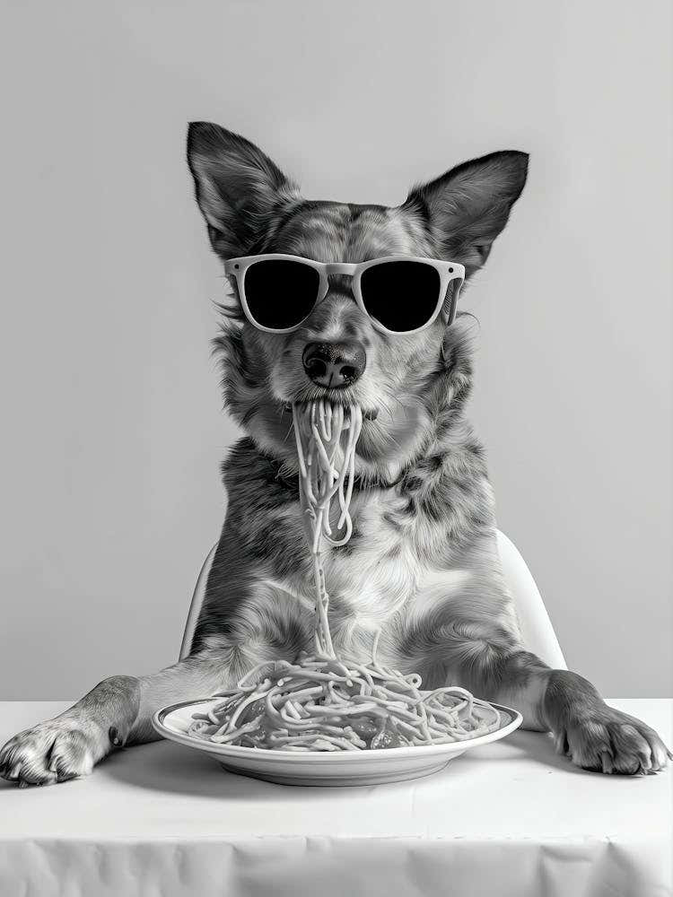 Australian Cattle Dog Eating Pasta Wall Art, Spaghetti Print, Black And White Print, Heeler Dog Gift, Funny Dog Poster, Kitchen Wall Decor