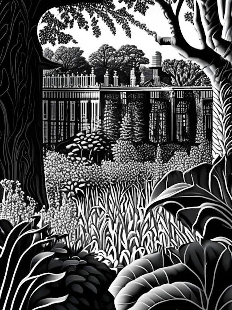 Kew Gardens Hillsborough Castle, United Kingdom Linocut Black And White Vintage