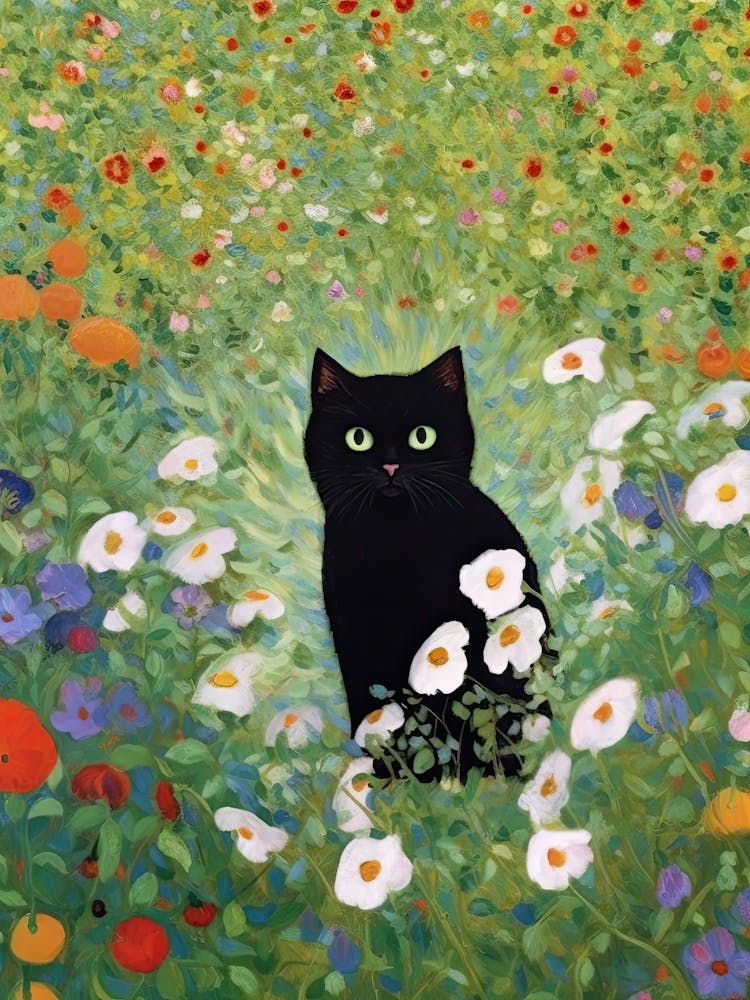 Blumengarten Und Eine Schwarze Katze, Inspiriert Von Klimt 6