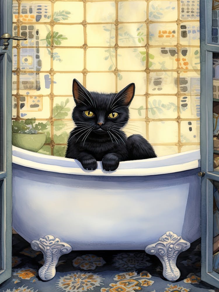 Black Cat In Bathtub Botanical Bathroom 3