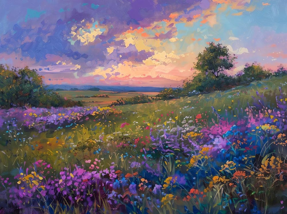 Vintage Wildflower Field Wall, Vintage Landscape Painting, Rustic Country Field Wall Art Digital Download, Botanical Printable Art