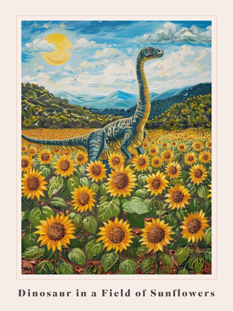 Dinosaur In A Field Of Sunflowers Painting 1 Poster