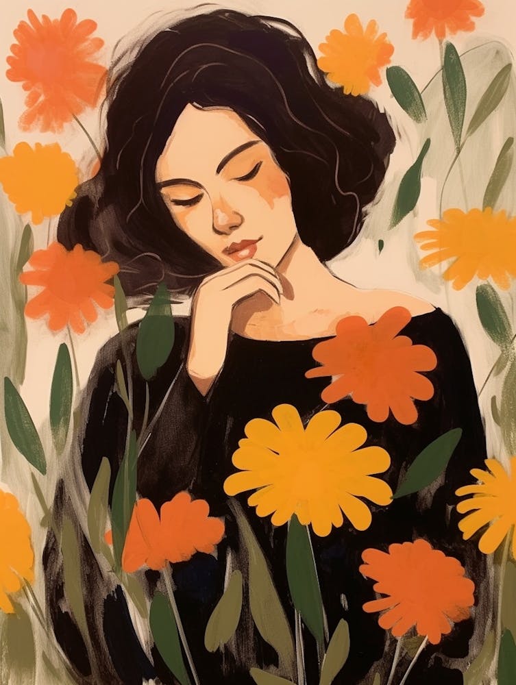 Woman With Autumnal Flowers Calendula 1
