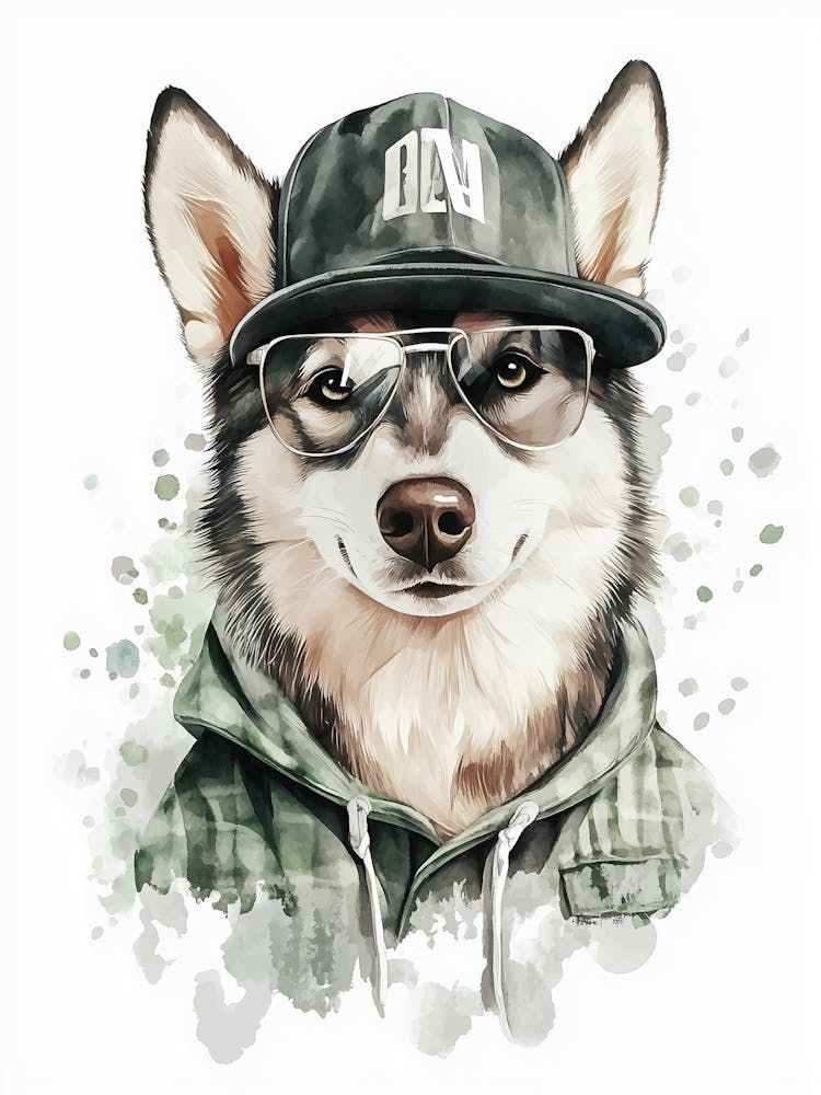 Urban Husky Dog In A Hoodie And Glasses