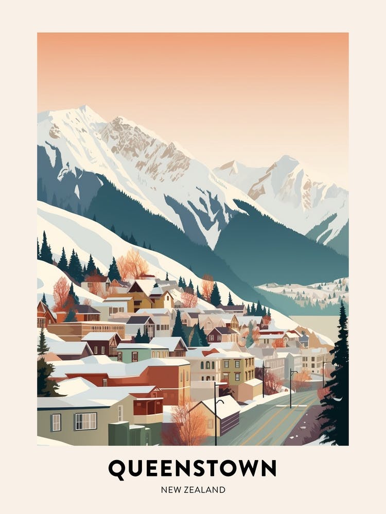 Vintage Winter Travel Poster Queenstown New Zealand 3