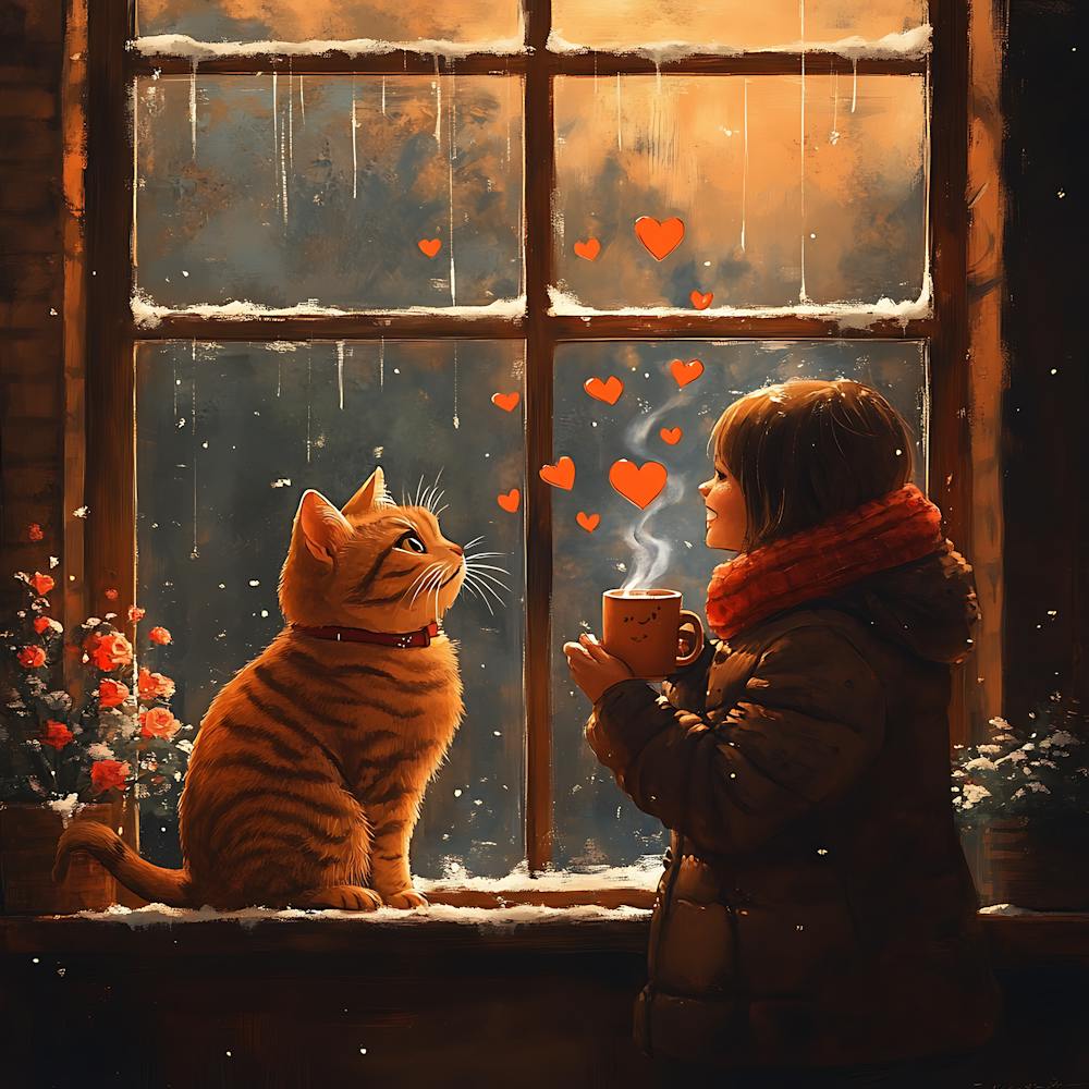 Cat and Person Sharing Hot Cocoa Artwork 4