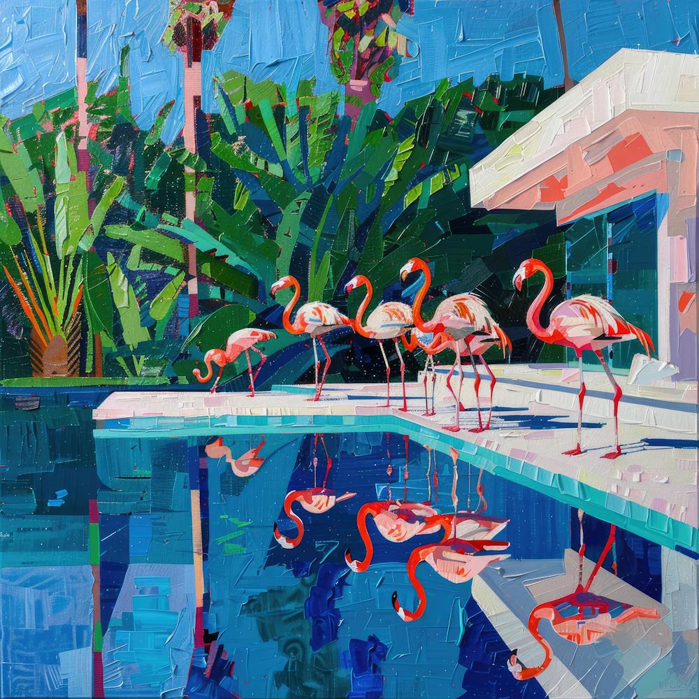Flamingos By a Pool Hockney Style 1