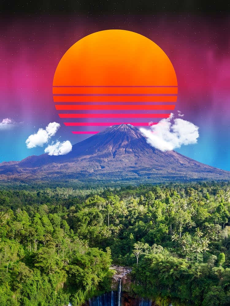 Synthwave sunset & mountain — synthwave collage, space poster