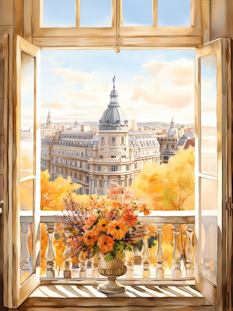 Window View Of Madrid Spain In Autumn Fall, Watercolour 1