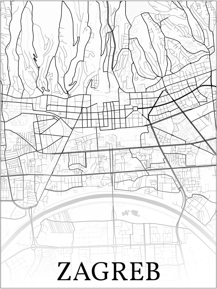 Zagreb, Croatia, City Map, Black And White Fade Design