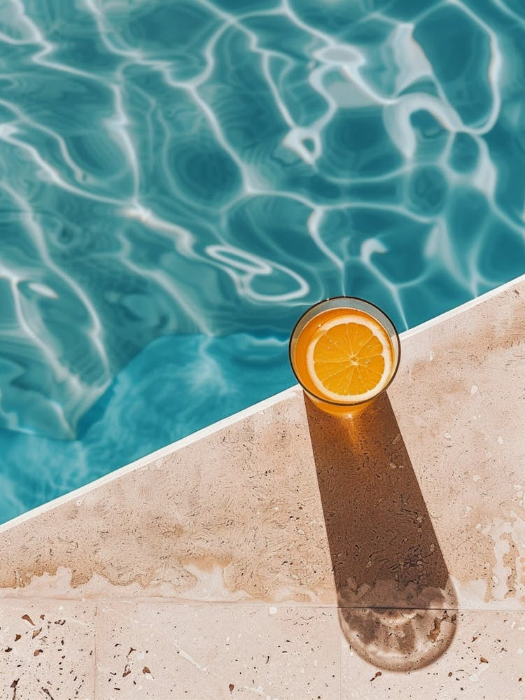 Top View Of A Light Brown Drink On The Corner Of A Pool, Beautiful Vacation Background