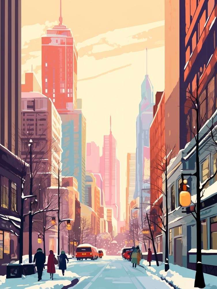 Vintage Winter Travel Illustration New York City Usa 3