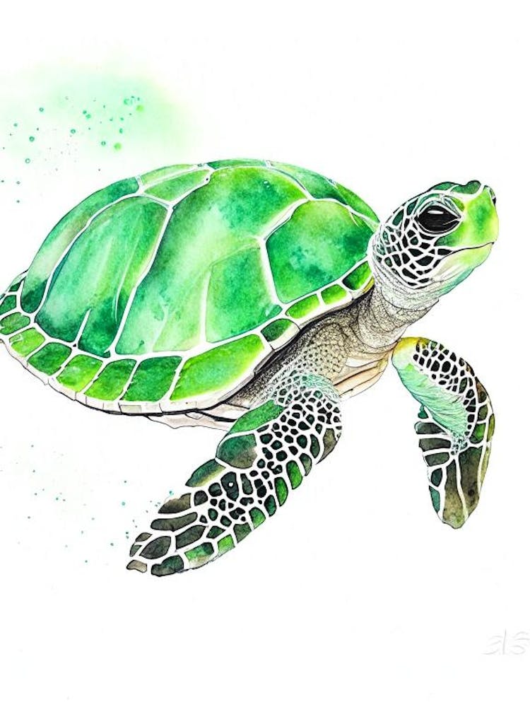 Green Sea Turtle (Chelonia Mydas), Sea Turtle Watercolour 1