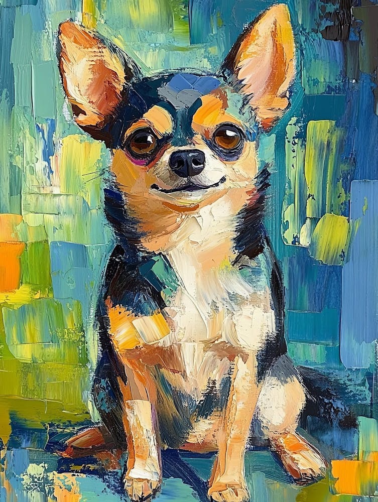 A Colorful Abstract Oil Painting Of A Chihuahua Sitting Against A Green And Blue Background Looking Directly At The Viewer