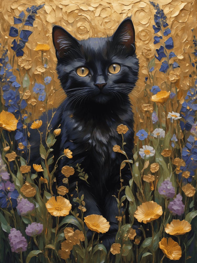 Klimt Style Black Kitten Cat in English Garden Wild Flowers Gold Leaf Painting - Gustav Klimt Monet Waterlillies HD High Resolution Poppies 1