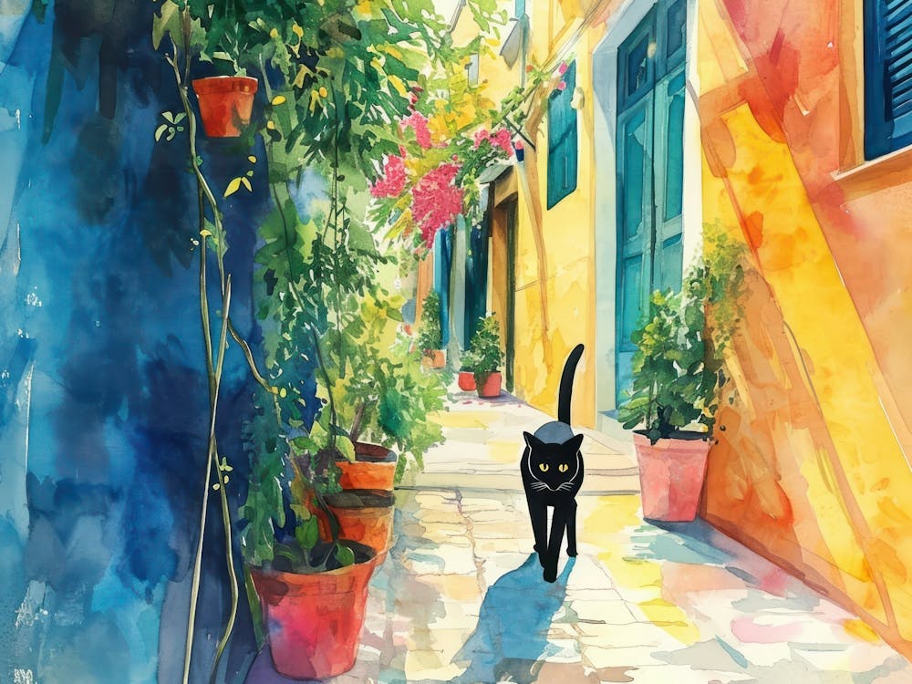 Athens, Greece   Black Cat In Street Art Watercolour Painting 1