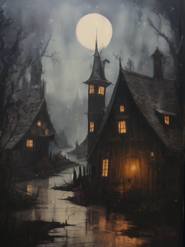 Vintage Gothic Spooky Village Oil Painting