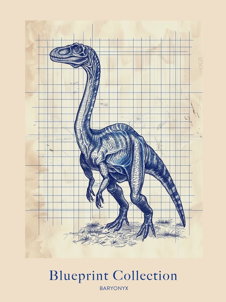 Baryonyx Dinosaur Blue Print Sketch 1 Poster