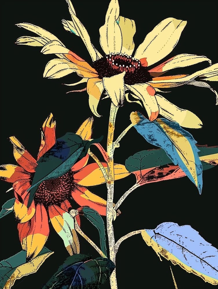 Neonblumen auf Schwarz Sonnenblume 3
