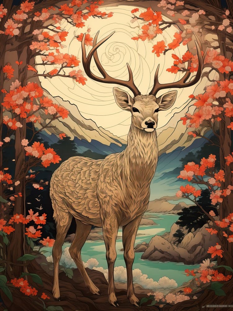 Deer Animal Drawing In The Style Of Ukiyo E 2