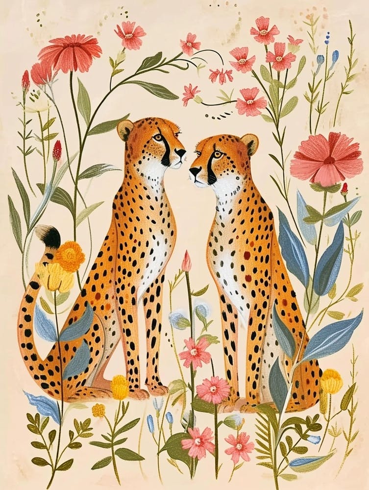 Folksy Floral Animal Drawing Jaguar