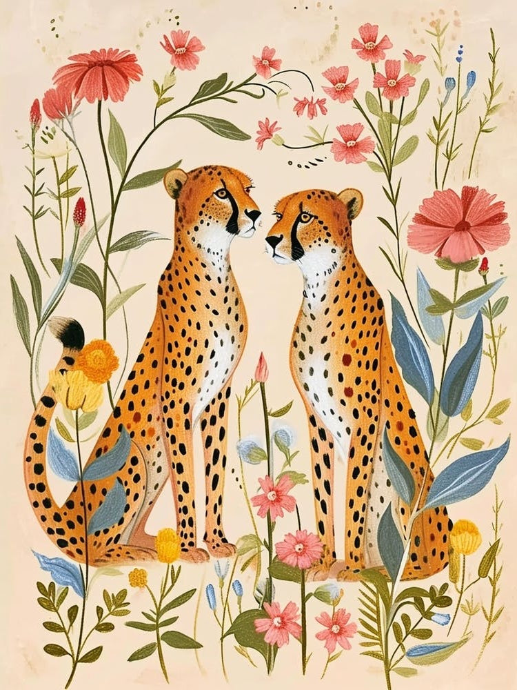 Folksy Floral Animal Drawing Jaguar